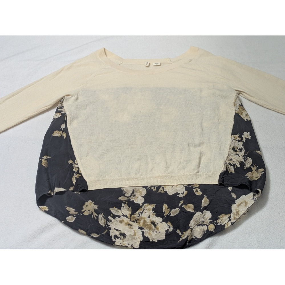 MOTH Anthropologie Top Cream Floral Wool Silk High Low Sweater 3/4 Sleeve Sz Lrg